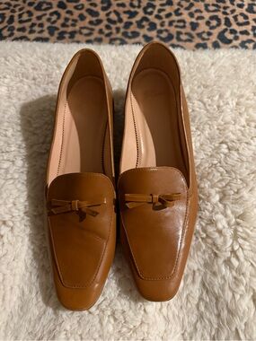 Jcrew Women's Tan Leather Slip-On Loafers with Bow Accent